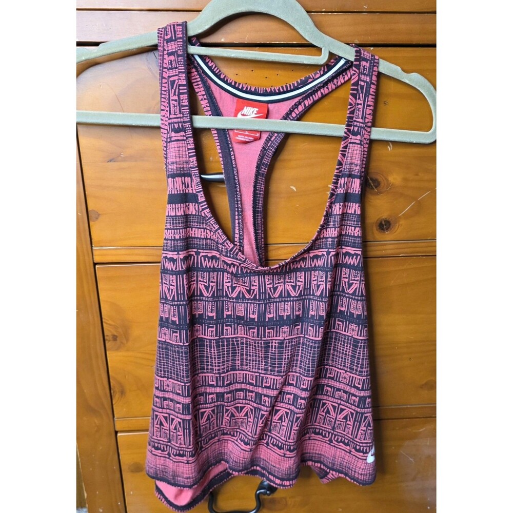Nike Racerback Logo Tank Size Large Cropped Pink Black Tribal Print Activewear